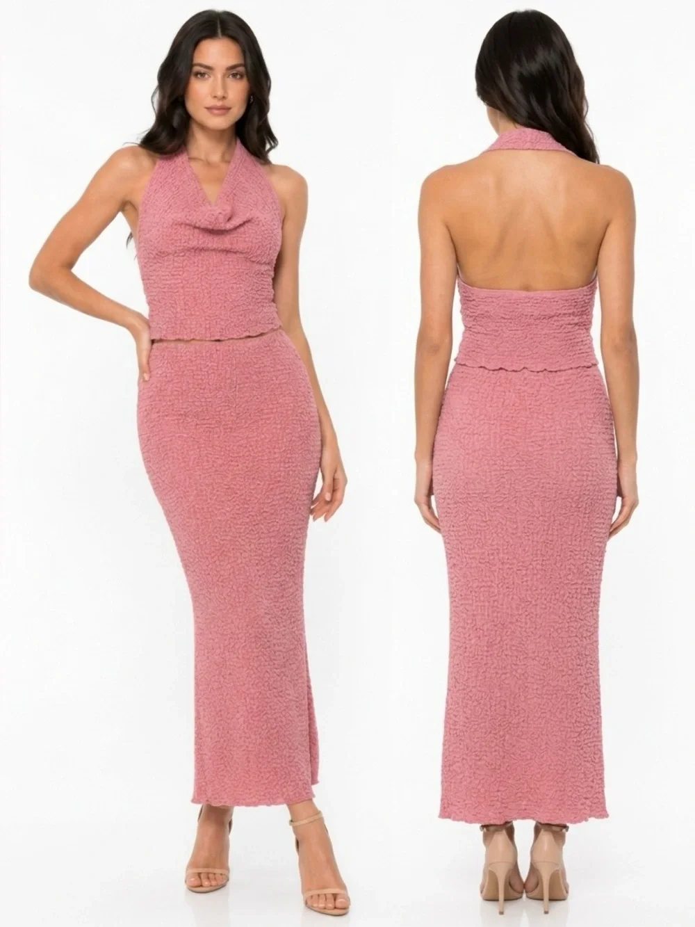 Dusty Rose Two-Piece Halter too Crowl Neckline Maxi Set Juniors Size Medium